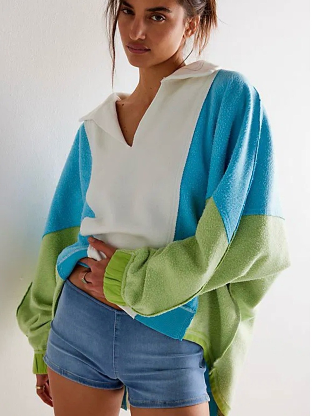 Free People Sidewalk Colorblock Oversized Sweatshirt Blue Green